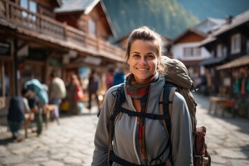 Beautiful young woman with backpack in the old town of Hallstatt, Austria