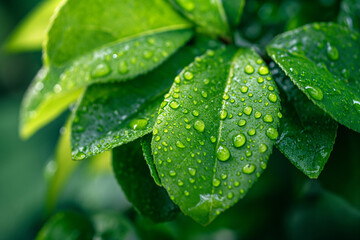 View of dew drops on fresh summer leaves early in the morning.