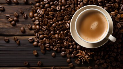 A top-down view of a coffee cup mockup placed on a rustic wooden table, surrounded by scattered coffee beans and subtle steam, evoking warmth