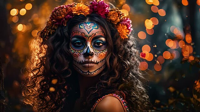 Day of the Dead. Woman with skull makeup. Created with Generative AI.	
