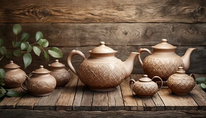 an elegant 3D wallpaper featuring a collection of large clay ceramic teapots arranged on a rustic wooden background. Emphasize the craftsmanship and traditional charm of the tea ceremony