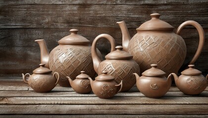 clay pots on a table.an elegant 3D wallpaper featuring a collection of large clay ceramic teapots arranged on a rustic wooden background. Emphasize the craftsmanship and traditional charm of the tea c - obrazy, fototapety, plakaty