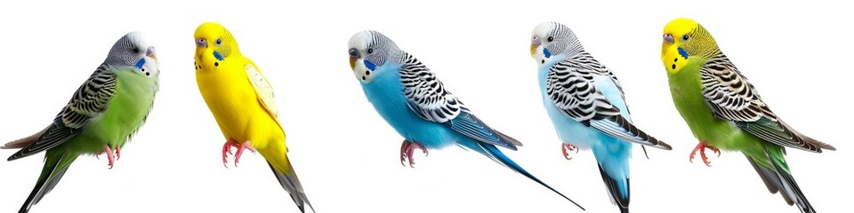 Animals pets budgies birds banner panorama long - Collection of cute sitting and flying budgie (melopsittacus undulatus) bird, isolated on white background, Generative AI 