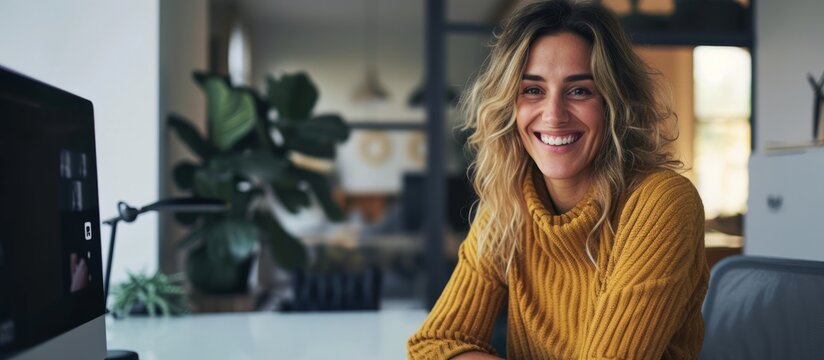 Smiling Woman In Office Watching Webinar, Talking On Video Call With Client.