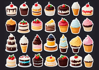 Cute stickers. White borders. Cake  food and hdr color. cartoon style