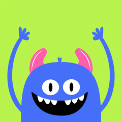 Monster smiling face head icon. Happy Halloween. Eyes, fang tooth, horns, hands up. Cute cartoon boo spooky character. Blue silhouette. Kawaii funny baby. Flat design. Green background