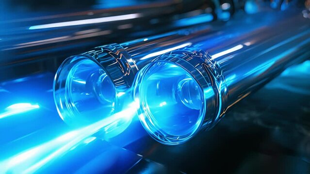 A slowmotion shot of a supercars exhaust pipes with thin yet bright blue flames flickering and dancing with each shift of the gears.