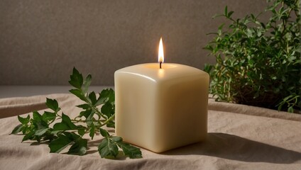 Obraz na płótnie Canvas square candle in natural conditions behind a green plant