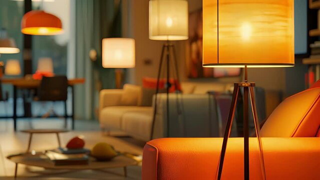 A macro view of a customized floor lamp with a variety of interchangeable lampshades allowing for endless lighting options and the ability to match any decor.