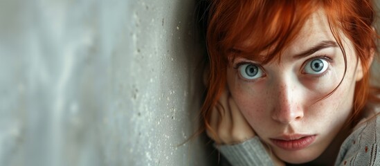 Young redheaded woman feeling guilty or embarrassed, hiding her face and looking at the camera with wide eyes while leaning on a wall.