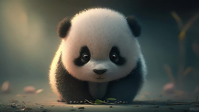 cute baby panda sad in the forest. Created with Generative AI.	
