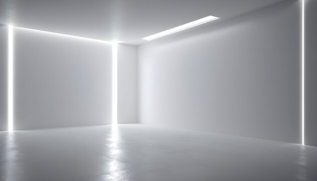Empty white room, no windows, led lights on the ceiling