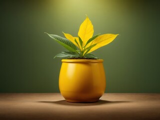 single big leave pot yellow background. Generative AI