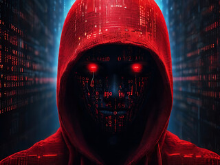 Computer hacker in hoodie , Data thief, internet fraud, darknet and cyber security concept ,hacker in a red hoodie ,anonymous computer hacker