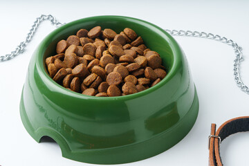 Green plastic bowl with dry pet food isolated on white
