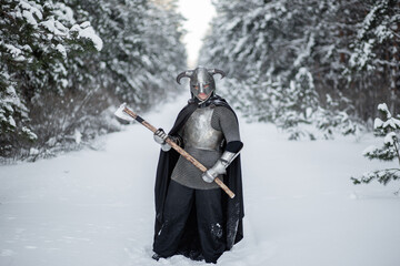 Full-length portrait of a medieval fantasy warrior in a horned helmet, steel breastplate, chain...