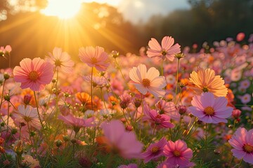 Obraz premium Stunning landscape of blooming flowers in summer meadow under bright sunlight showcasing beauty of nature with colorful petals and green grass perfect for calm fresh and romantic outdoor scenery
