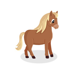 Illustrated Chestnut Pony With Flowing Blonde Mane Standing on White Background