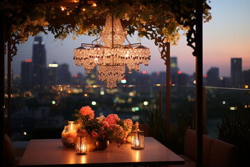 Image of a rooftop garden during Ramadan, lit by a beautifully decorated chandelier, with the city...