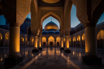 a large mosque that is lit up at night
