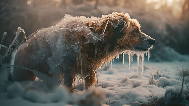 Lonely dog freezing. Created with generative AI.	
