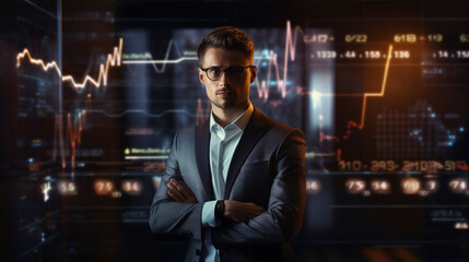 Fototapeta premium Market Maverick: Stylish Trader Leading Digital Financial Insights, Generative AI