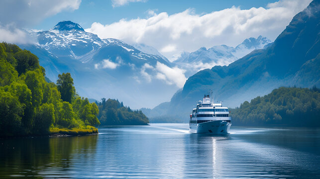a cruise ship sailing alongside majestic mountain range, generative ai
