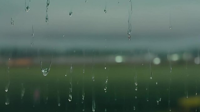  Rainwater falling on glass with blur nature background 