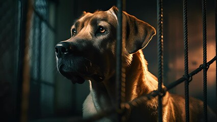 Sad animal shelter dog behind bars in a cage. Created with Generative AI	

