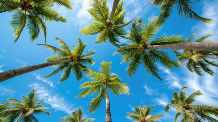 Fototapeta na wymiar A breathtaking view looking upward at towering palm trees set against a pristine blue sky