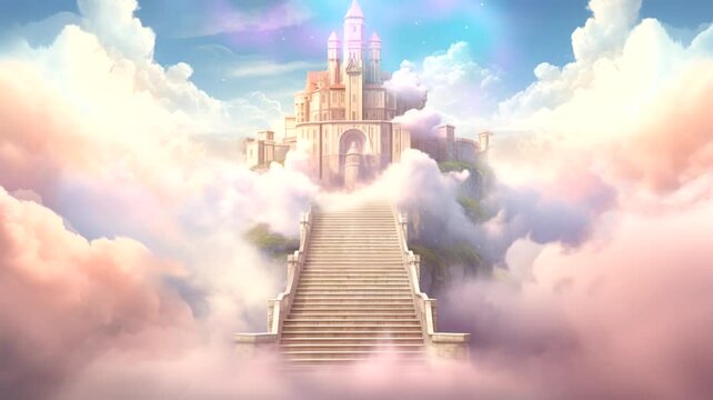 Scene of the stairs to heaven with a cloudy background, animated virtual repeating seamless 4k