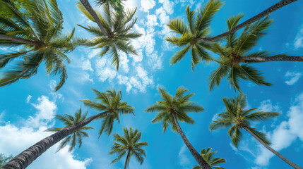 Fototapeta na wymiar A breathtaking view looking upward at towering palm trees set against a pristine blue sky