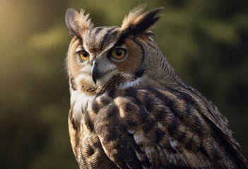 An Eurasian Eagle Owl staring at something out of shot in a woodland setting.