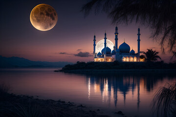 a mosque at night with a full moon