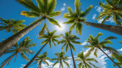 Obraz na płótnie Canvas A breathtaking view looking upward at towering palm trees set against a pristine blue sky