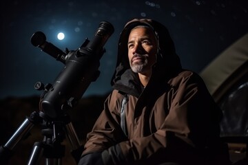 Handsome mature man looking through a telescope on a starry night
