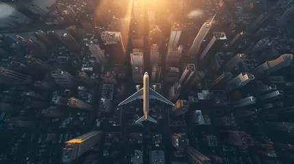 Foto op Canvas drone view photography of air plane flying at the top of city view © azone