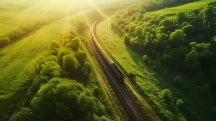 Foto op Plexiglas drone view photography of train driving on the train tracks along the green hills © azone