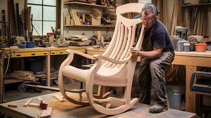 Amish woodworking carpenter, building a rocking chair in his workshop