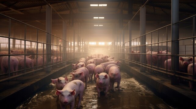 A lot of pigs and piglets are eating, standing and lying in a large pig farm. Meat production, animal husbandry and agriculture concepts.