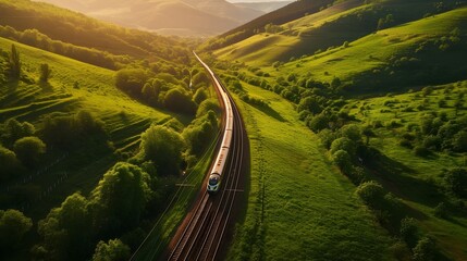 drone view photography of train driving on the train tracks along the green hills - obrazy, fototapety, plakaty