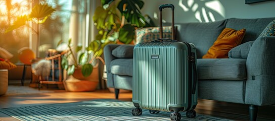 Modern and elegant living room interior design with bright light and comfortable furniture showcasing holiday vacation concept with suitcase ready for departure luxury traveler lifestyle and cozy home