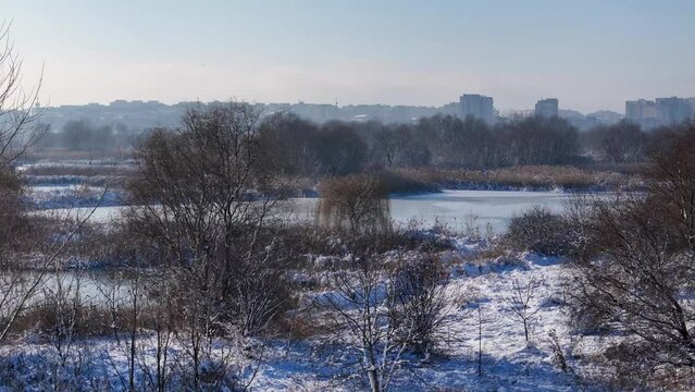 Overhead View of a Crystalline, Frozen Landscape with Icy Lakes in the Heart of Vacaresti Delta, Bucharest, Romania