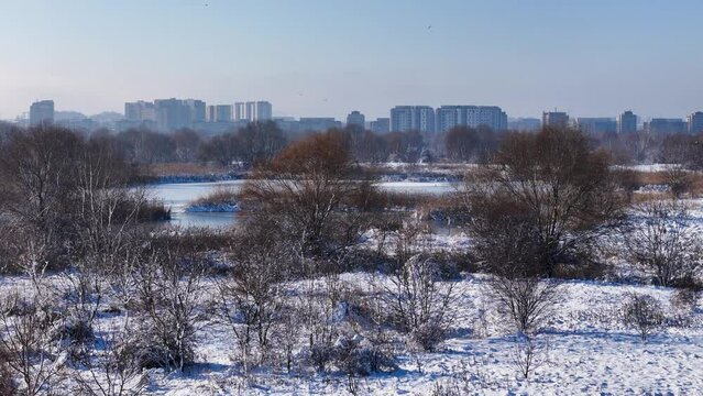 Bird's Eye Perspective Over a Frozen, White Landscape In Vacaresti Delta, Bucharest, Romania, Frozen Lakes