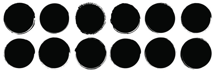 Hand drawn brushes vector pack. Black grunge brush round border shapes set. Vector illustration.