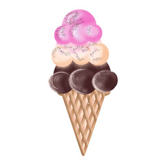 chocolate cone. Chocolate ice cream with different flavors. Examples of this are chocolate, vanilla and strawberry cake. The taste is sweet and perfect for this sunny summer 