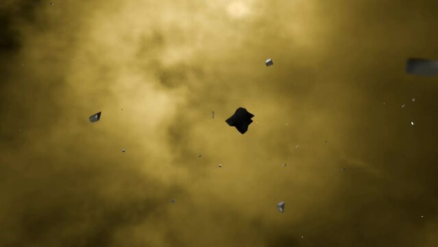 3D Animation of metallic debris falling through yellow clouds on Venus