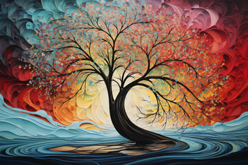Discover nature's symphony in a vibrant tree painting, featuring delicate colors, harmonious curves, and leafy patterns in dark crimson and light aquamarine hues.