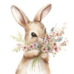 A hare holds a bouquet of flowers in its paws on a white background. Drawing in watercolor style.
