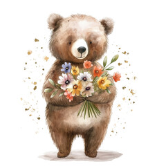 A bear holds a bouquet of flowers in its paws on a white background. Drawing in watercolor style.
